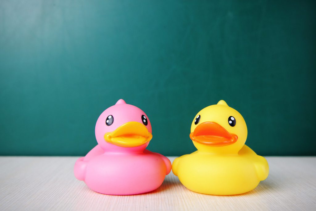 A close-up image of two rubber ducks; one is yellow and one is pink.