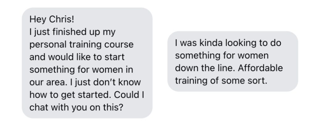 A screen shot of a text message asking for advice on how to start coaching people on fitness.