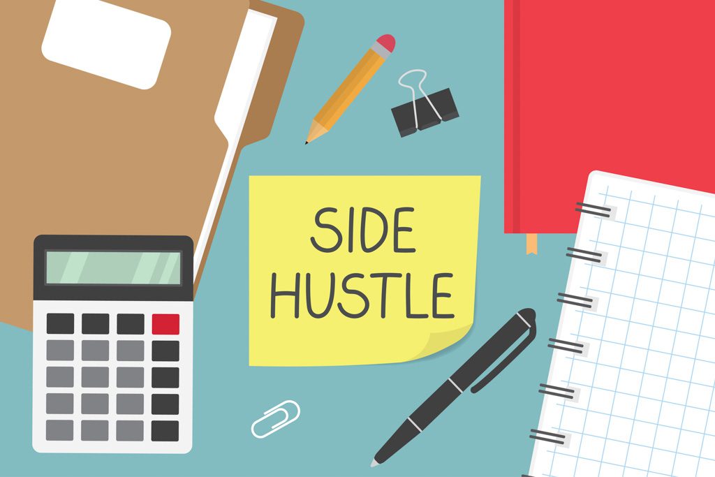 An illustration of of five supplies on a desktop with a sticky note labeled "side hustle."