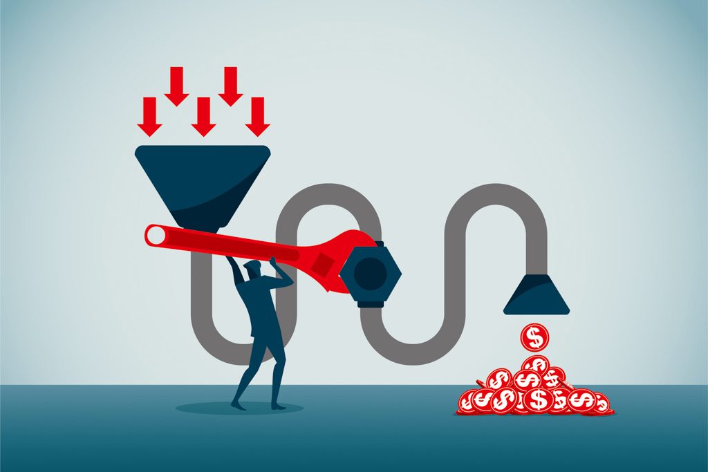 An illustration of a person using a large red wrench to fix a pipe connected to a large funnel.