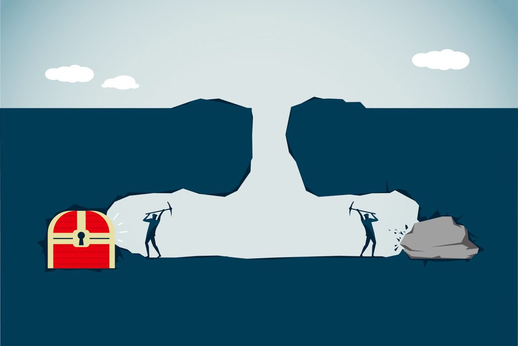 A graphic shows two people digging at opposite sides of a hole. One finds treasure, and one finds rock.