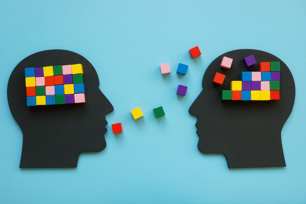 Two graphic heads full of organized colored cubes as a symbol of mentoring.
