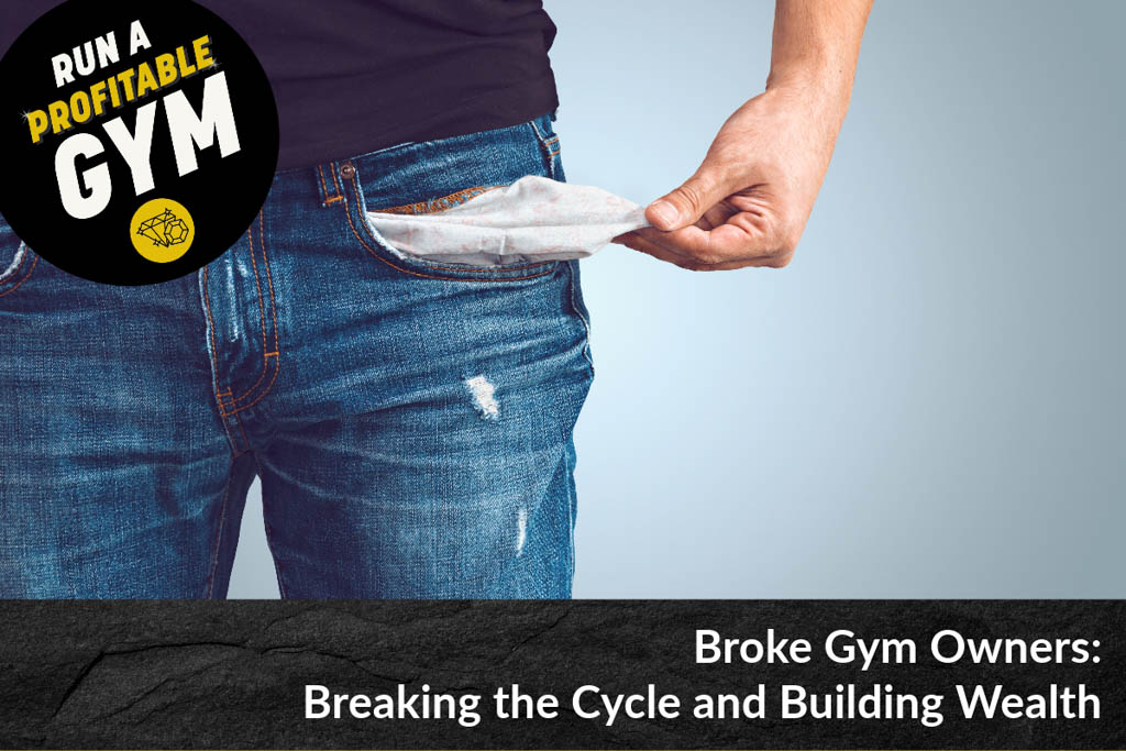 A picture of a broke gym owner pulling a pocket inside out to show a lack of money.