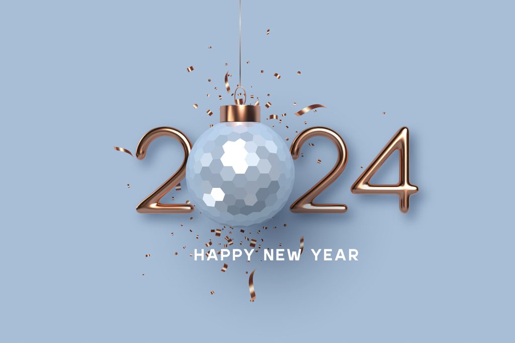 On a silver background, gold text reads "happy New Year 2024."