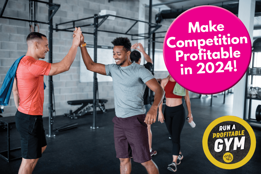 A photo of a high five in a gym with the words "make competition profitable."