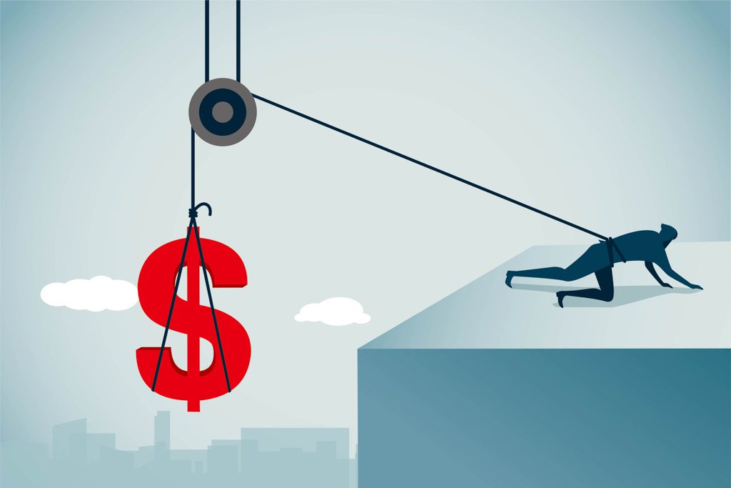 A graphic image of a stick person using a pulley system to lift a large dollar sign.