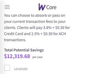 A screen grab from Wodify showing potential savings of $12,319 if transaction fees are passed on.