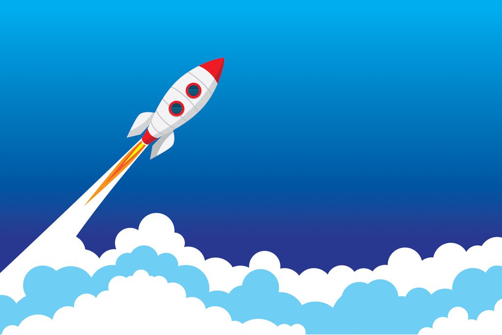On a blue background, a white cartoon rocket ship blasts off.