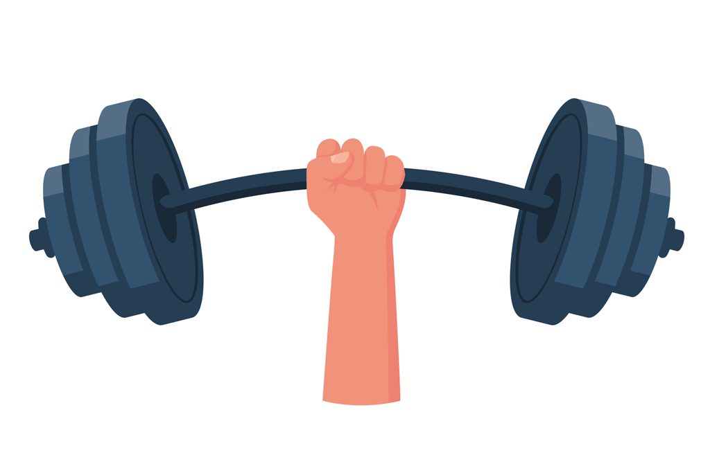 A cartoon image of an arm holding up a very heavy barbell that's bending under the weight.