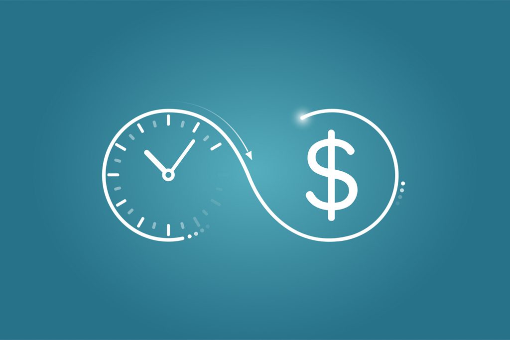 An illustration on the time-is-money concept: Vector logo of a clock flowing into dollar symbol.