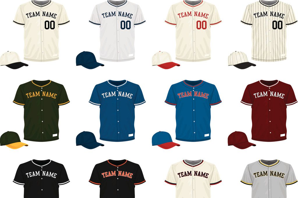 Several rows of baseball uniform templates, with "team name" across the chest.