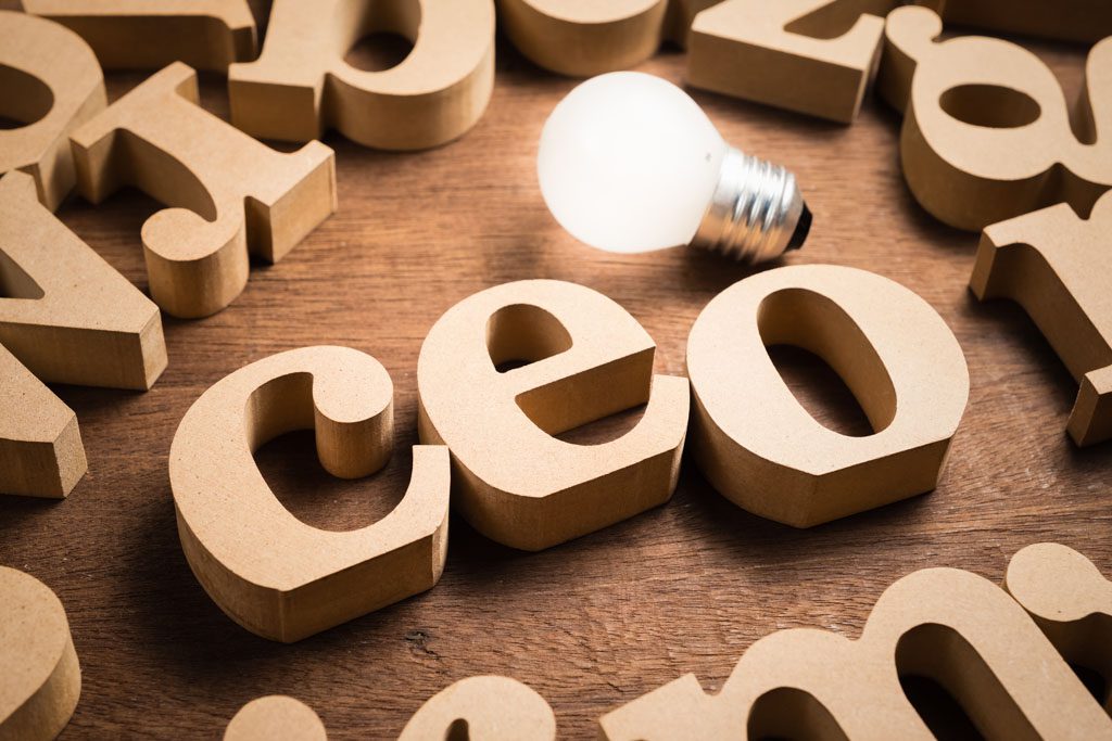 Wooden block letters spell "CEO" beneath a glowing light bulb.