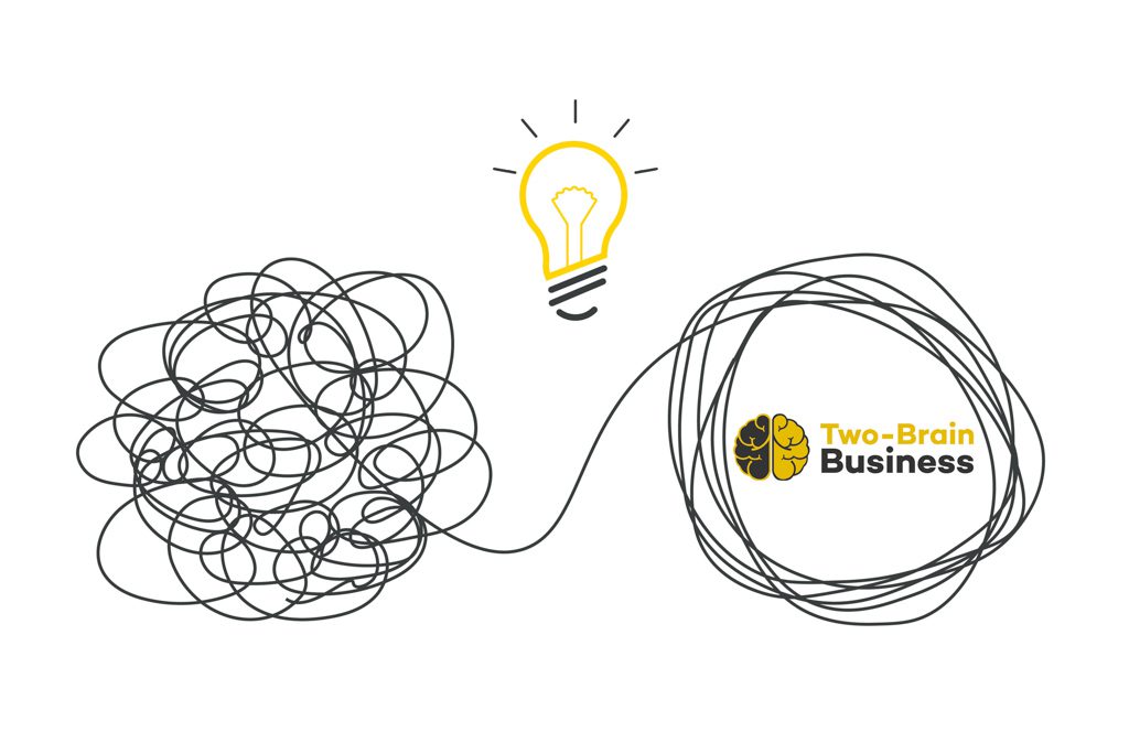 A bunch of scribbles lead past a light bulb to a concise circle around the Two-Brain Business logo.