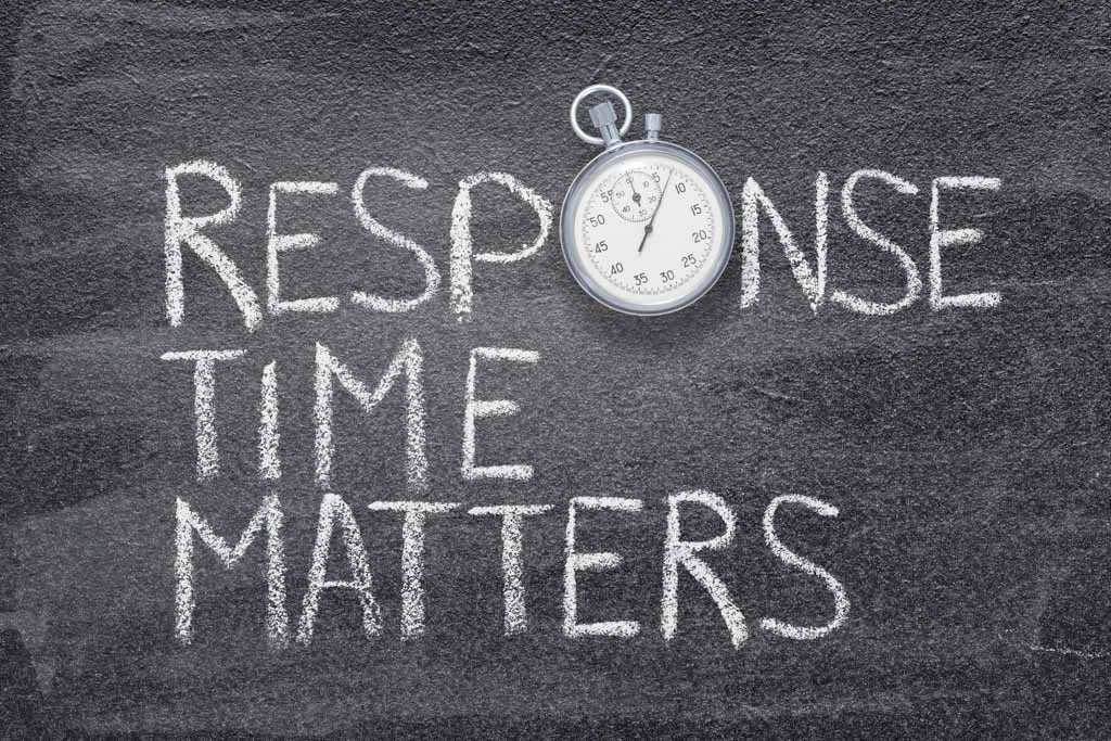 On a chalkboard, the words "response time matters," with a stopwatch in place of the "O."