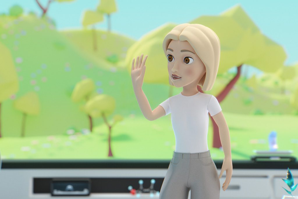 A cartoon avatar: A blond woman in a white shirt waves to someone.
