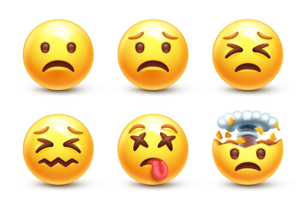 A set of six very negative common social media face emojis.