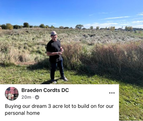 A photo of Braeden Cordts sharing how Two-Brain Business helped him buy land to build a home.