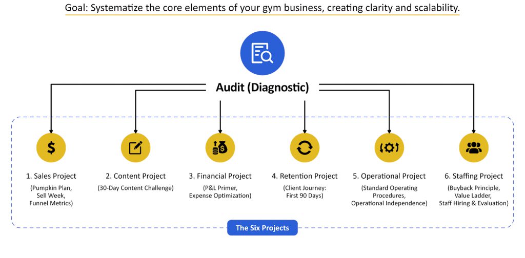A graphic showing how Two-Brain Business uses a business audit to determine which of 6 areas to focus on.