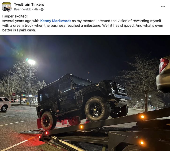 A photo of Ryan Webb sharing how Two-Brain Business helped him buy a dream vehicle.