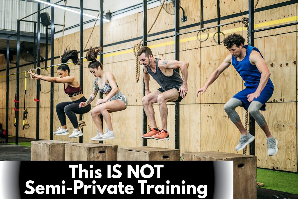 Four athletes perform box jumps with the caption "this is not semi-private training."