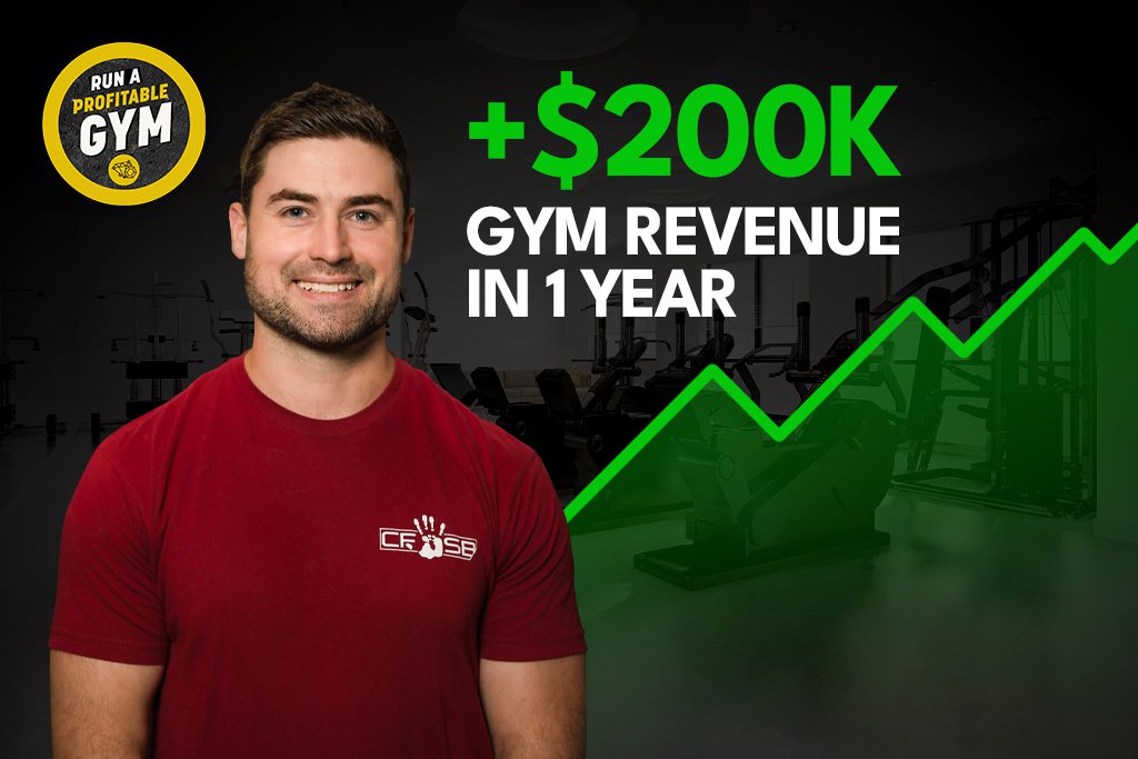 CrossFit gym owner Gabriel Mayer-Bédard with revenue line graph and text "+$200K Gym Revenue in 1 Year"