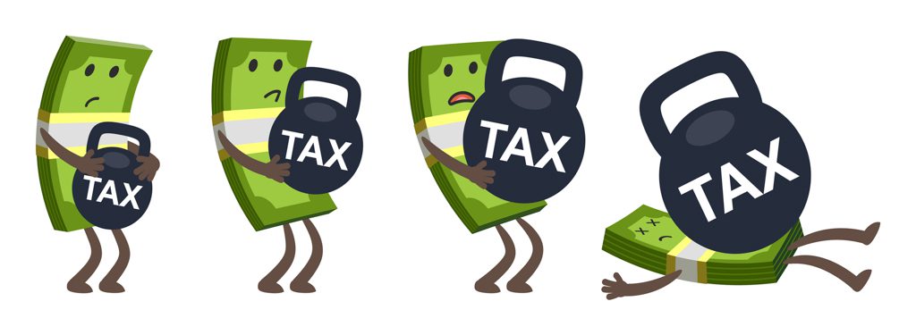 A photo of a comic dollar bill carrying a heavy kettlebell labeled "tax."