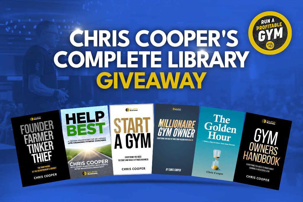 Six covers of books for gym owners pictured with text "Chris Cooper's Complete Library Giveaway"