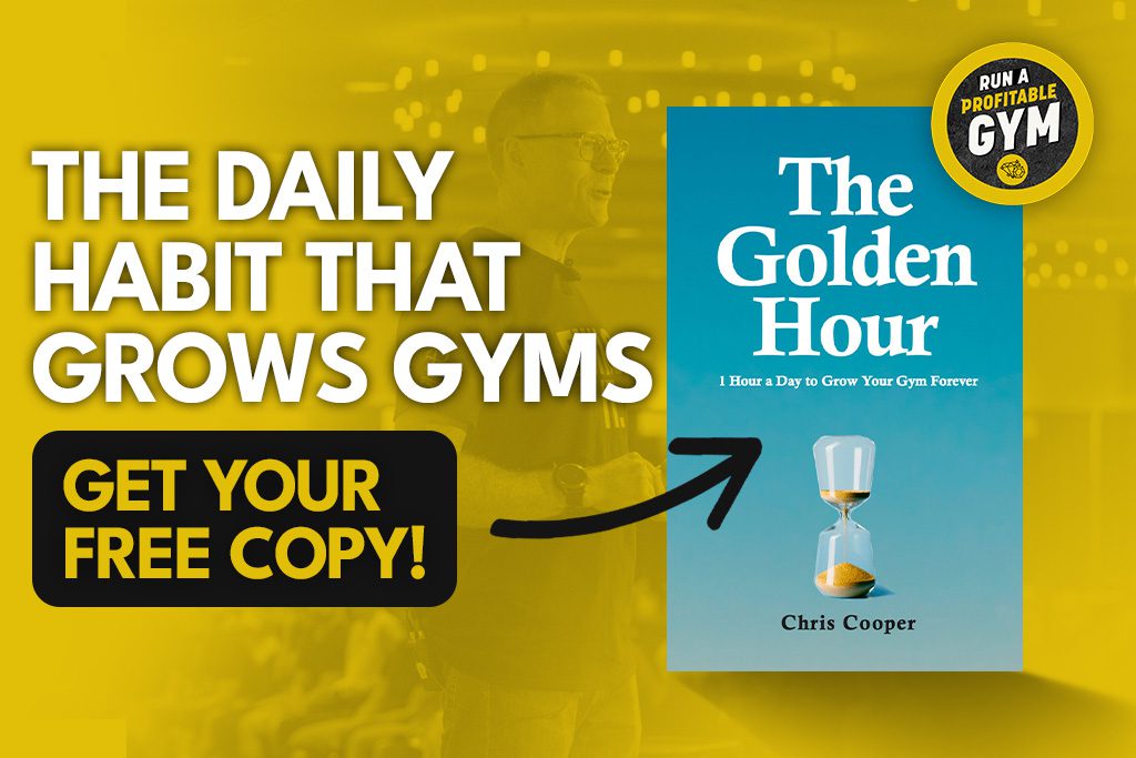 Text "The Daily Habit That Grows Gyms" and cover of "The Golden Hour" book with arrow pointing from text "Get Your Free Copy"