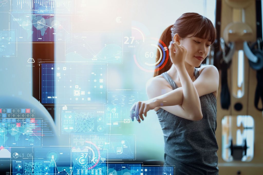 A gym owner stretches with an overlay showing AI is managing business ops for her.