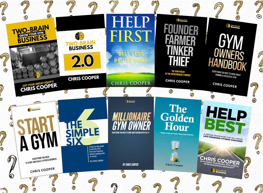 The covers of Chris Cooper's 10 books surrounded by question marks.