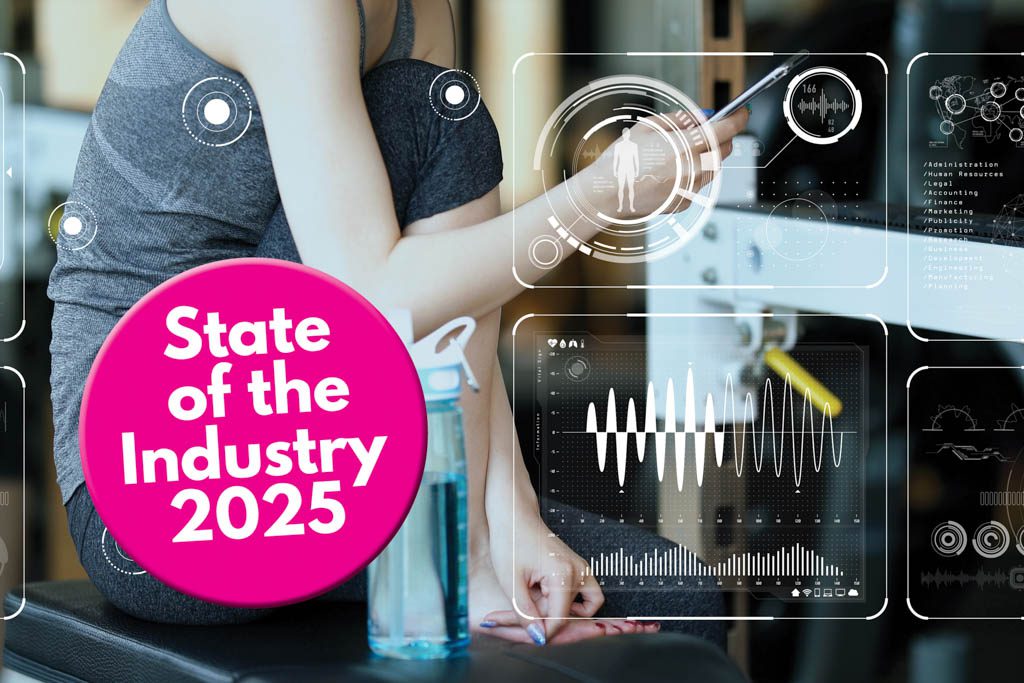 A gym owner checks data on a smartphone, with the words "State of the Industry 2025."