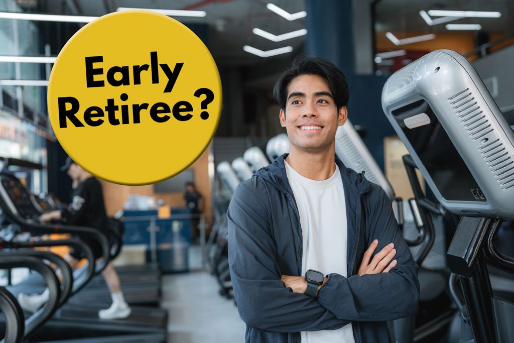 A gym owner stands in his training area - a bubble contains the words "early retiree?"
