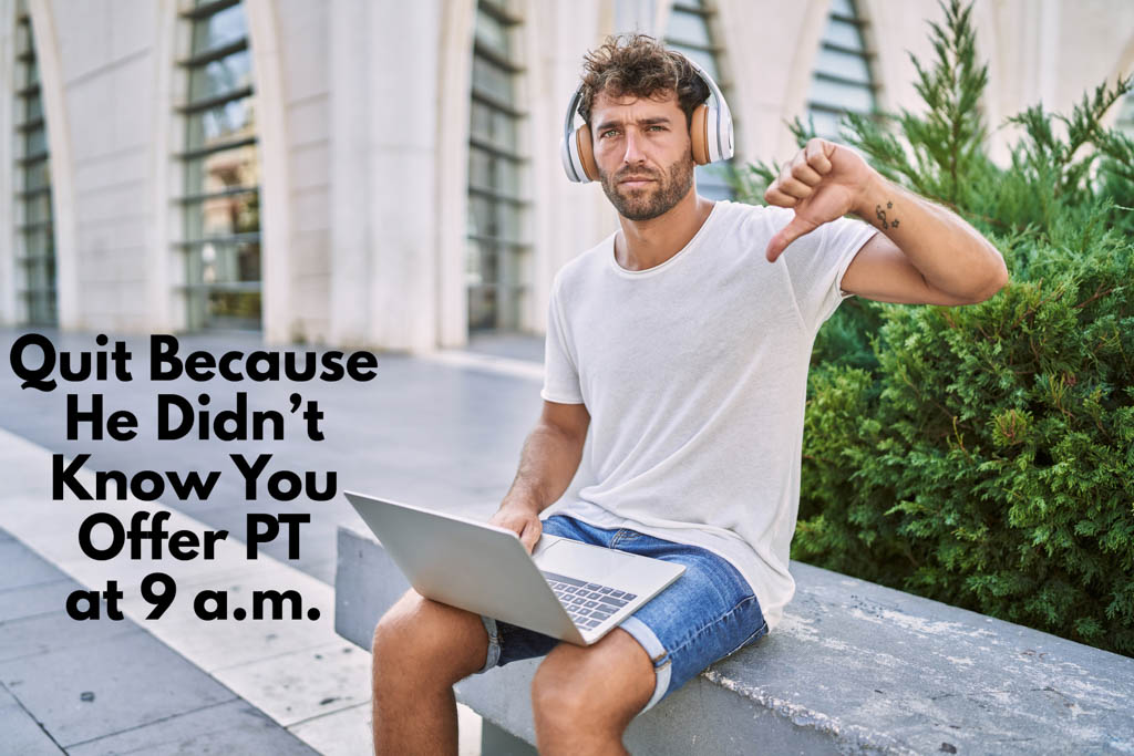 A man give the thumbs down gesture after canceling a gym membership on a laptop.
