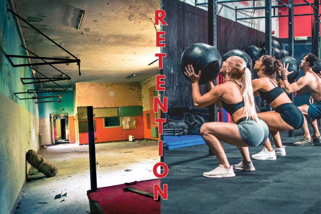 A split-screen view of an abandoned gym and a busy gym with the word "retention" between the two.