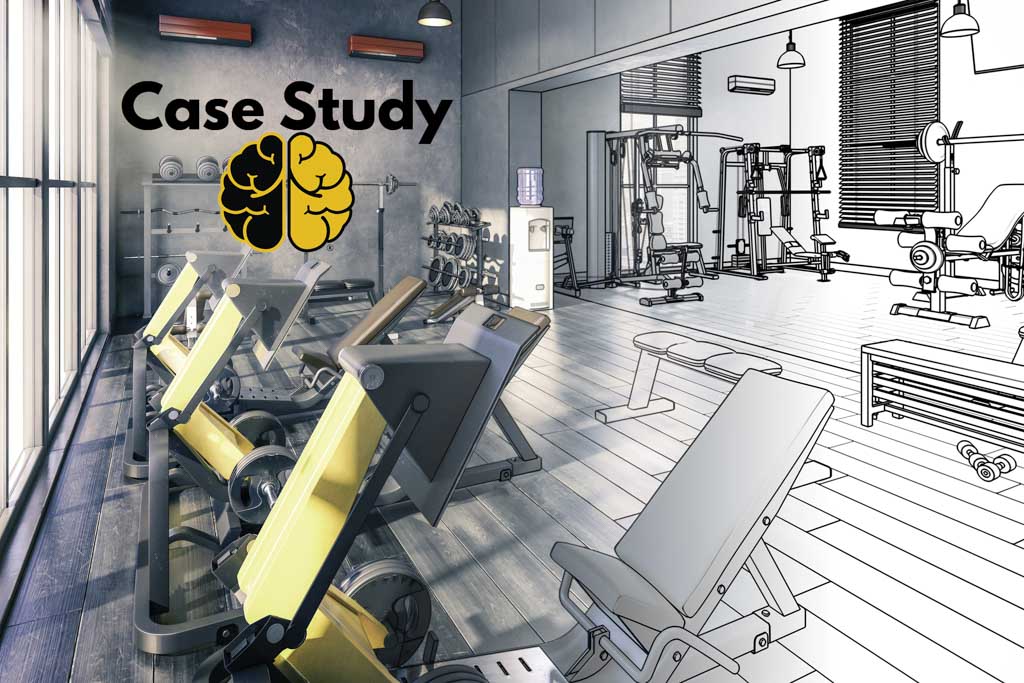 A fitness center with exercise machines—3D visualization with the words "Case Study."