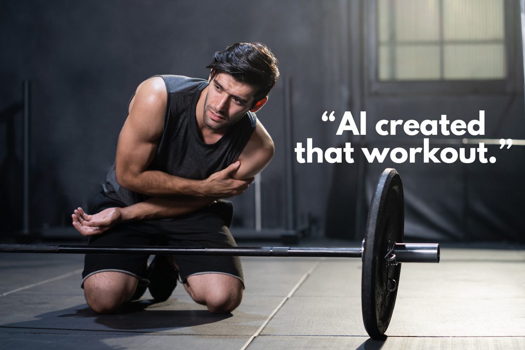 A gym client holds his elbow in pain with the caption "AI created that workout."