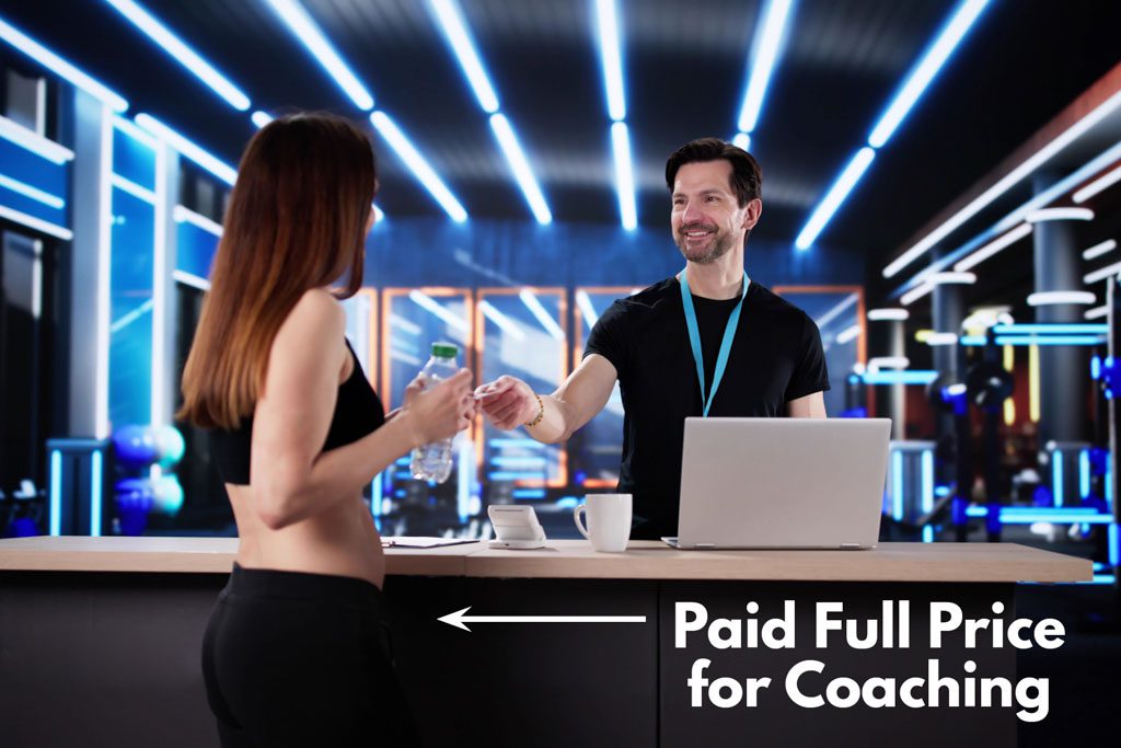 A woman buys a gym membership, with the caption "paid full price for coaching."