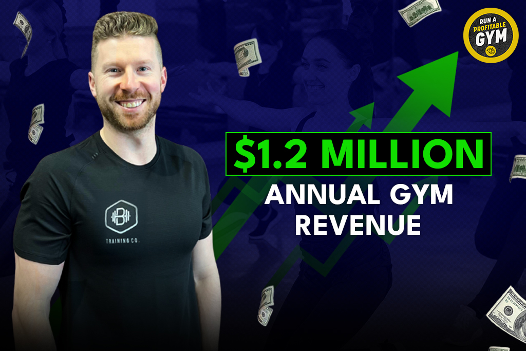Gym owner Brandon Stratton with money and text: "$1.2 Million Annual Gym Revenue"