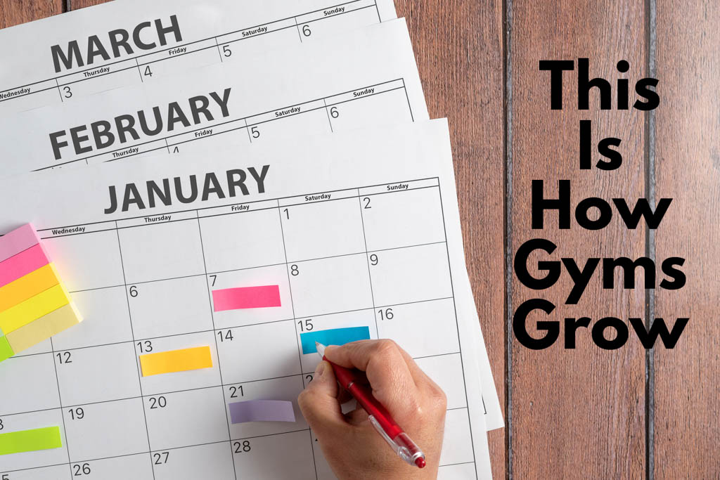A hand writing plans on a calendar with the caption "this is how gyms grow."