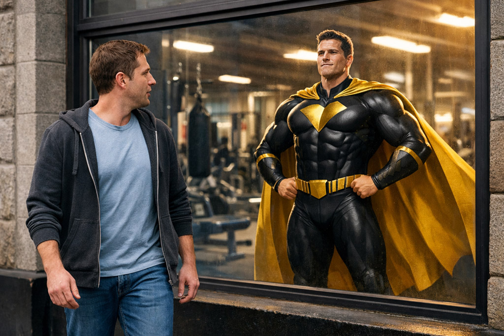 A man walks past a gym and sees his reflection as a superhero in the window.
