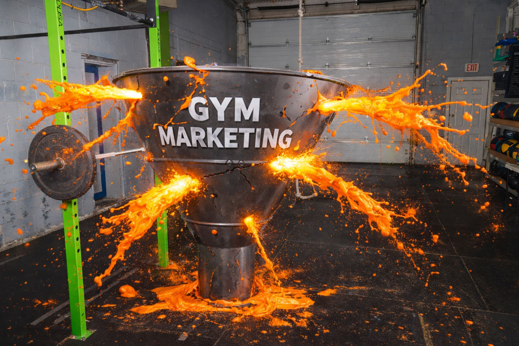 In a gym, a large, broken marketing funnel leaks bright orange fluid all over the gym.
