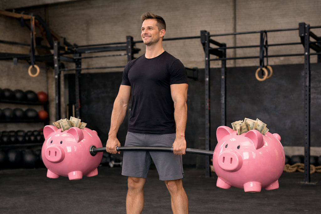 A gym owner deadlifts a barbell with large piggy banks on the ends in place of metal plates.