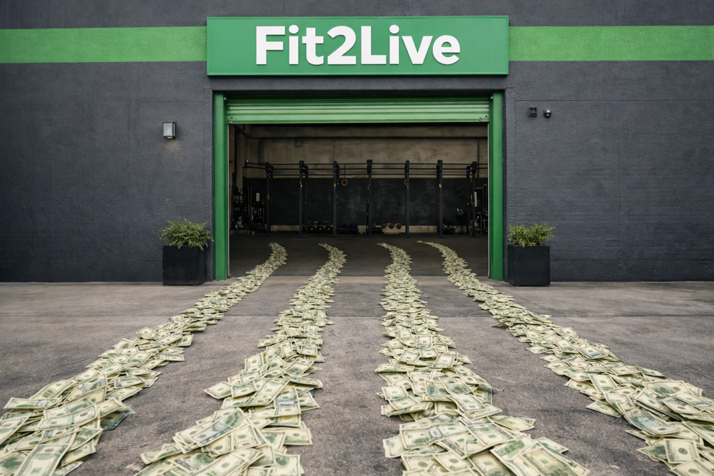 A photo showing 4 streams of US currency flowing into Fit2Live gym,