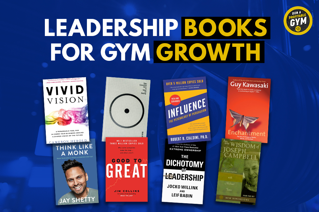 Text "Leadership books for gym growth" along with the covers of 8 books recommended for gym owners