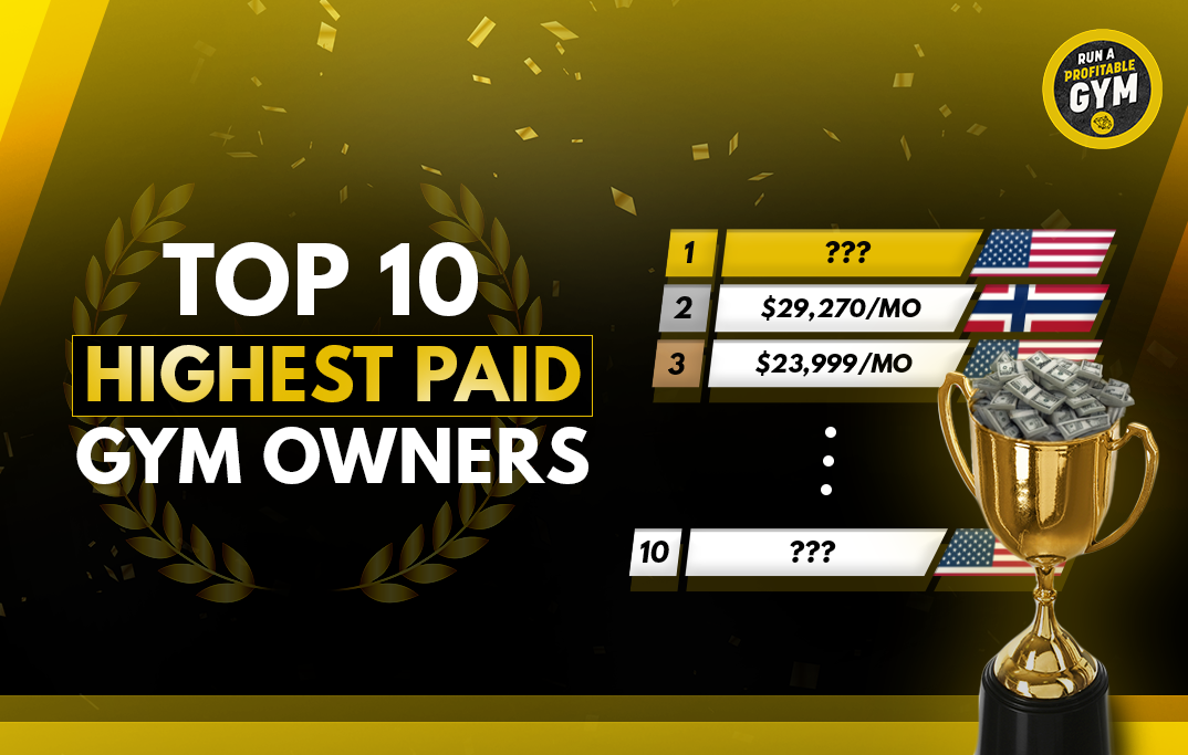 Text "Top 10 highest paid gym owners" with trophy and leaderboard graphic