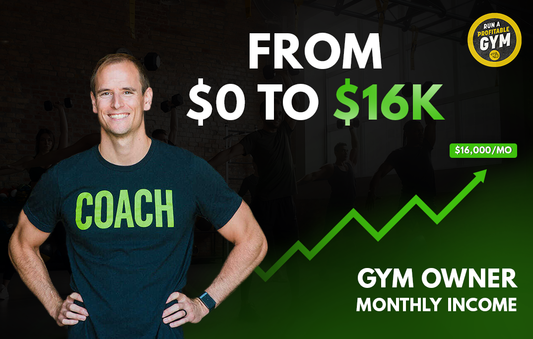 Gym owner and Two-Brain mentor Ryan McStockard with text "From $0 to $16K gym owner monthly income"