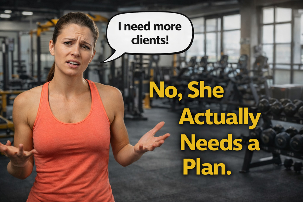 A frustrated gym owner says "I need more clients!" while the caption says, "No, she actually needs a plan."