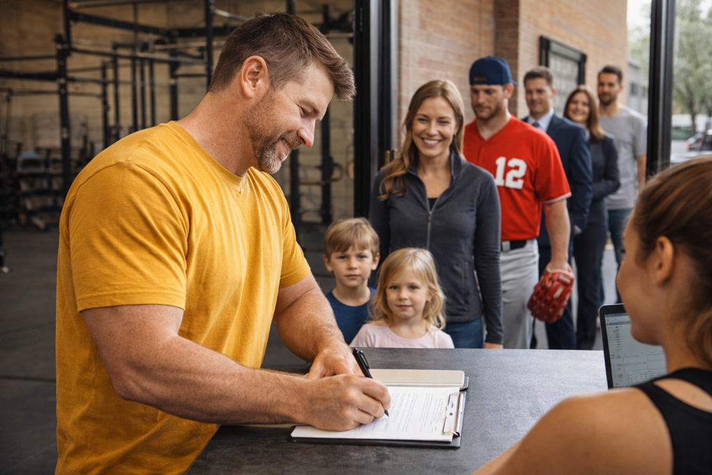 A gym owner signs up a client, with his kids, wife, friends and coworkers waiting to sign up behind him.