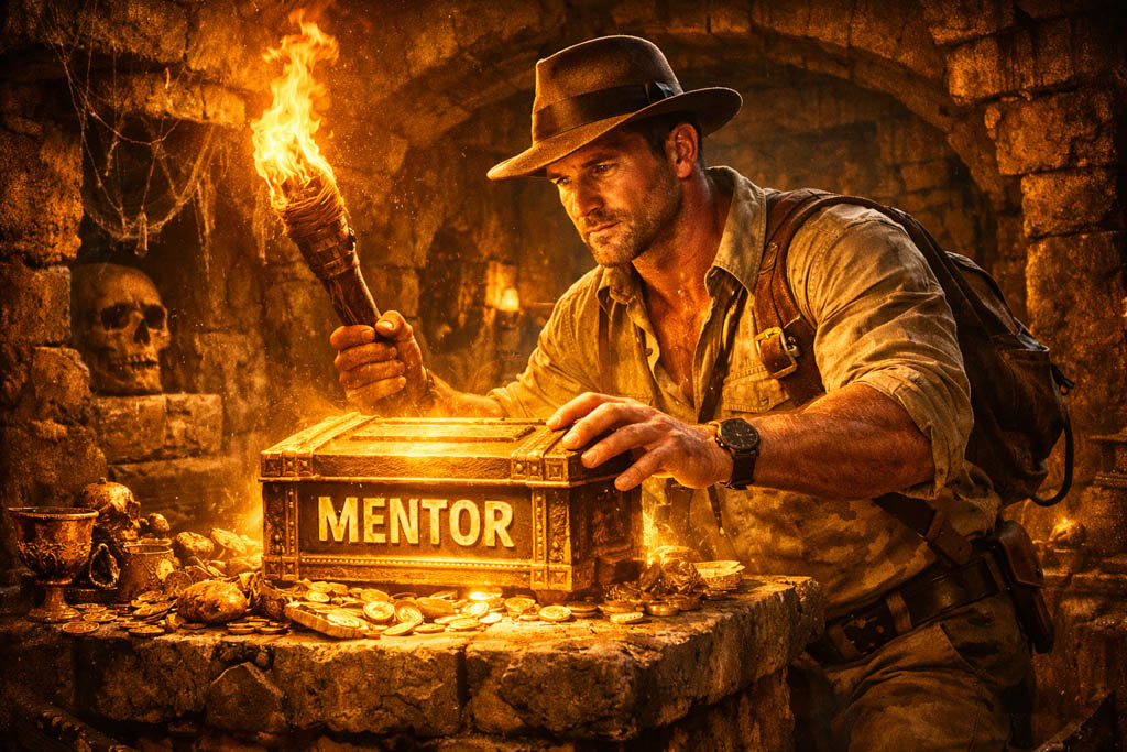 An adventure archeologist discovers a gold box labeled "mentor."