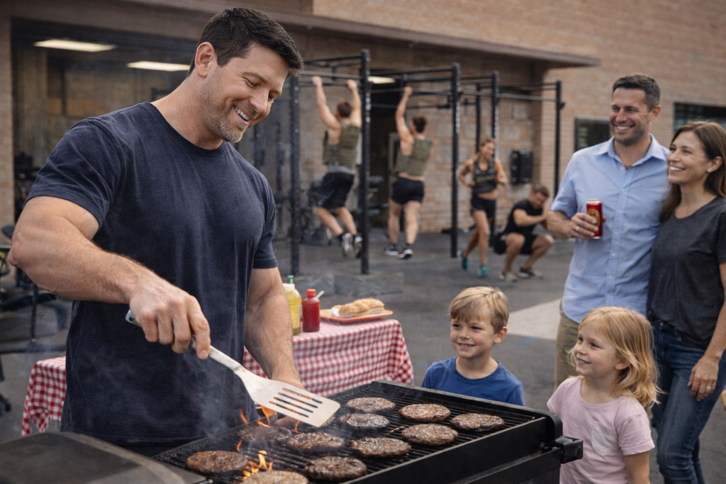 A gym owner cooks burgers at a barbecue attended by family members of the athletes who are doing a tough workout in the background.